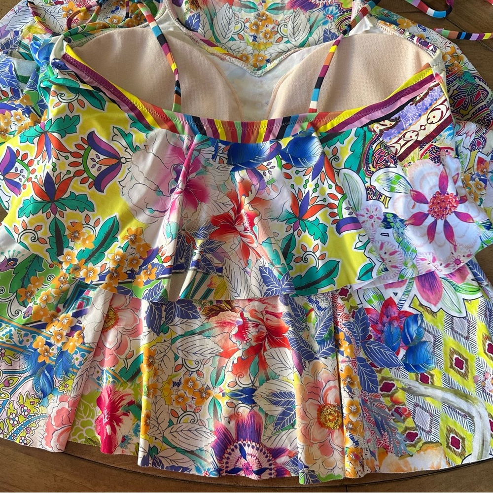 Johnny Was Tie Tankini Bathing Suit TOP Ruffle Tiered Colorful Womens Medium EUC - Picture 3 of 6